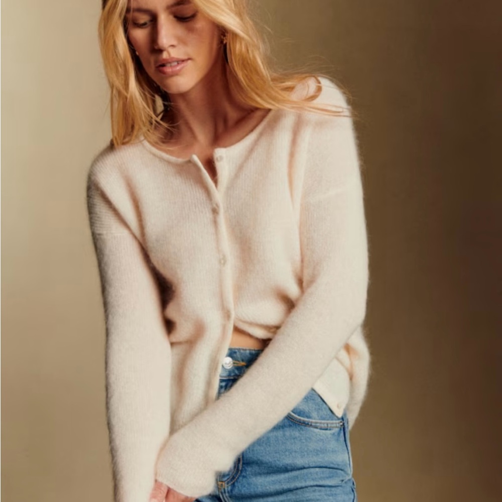 Sezane Cream Fuzzy V-Neck Cardigan - Picture 3 of 7